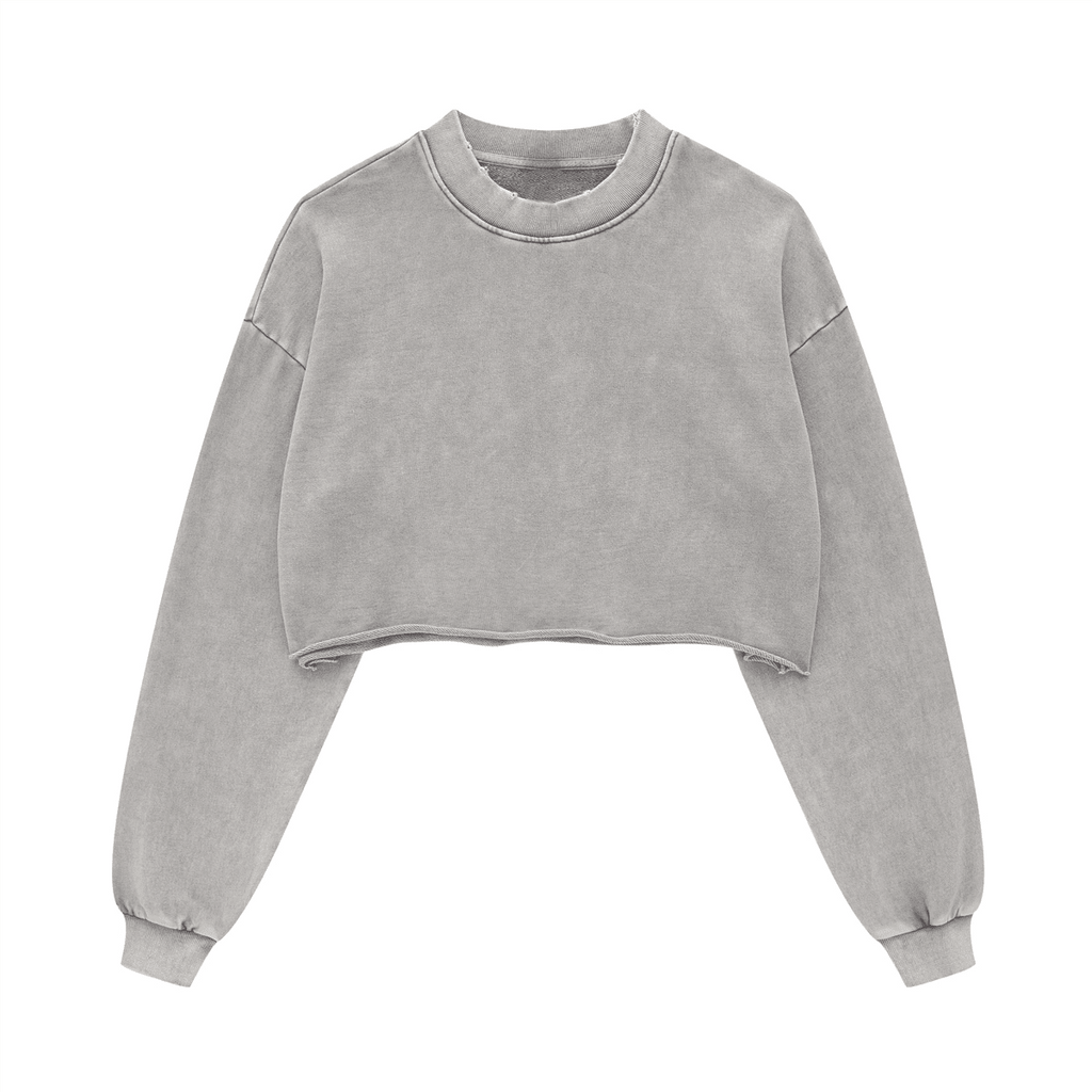 Washed Raw-Edge Cropped Crew Neck Sweatshirt