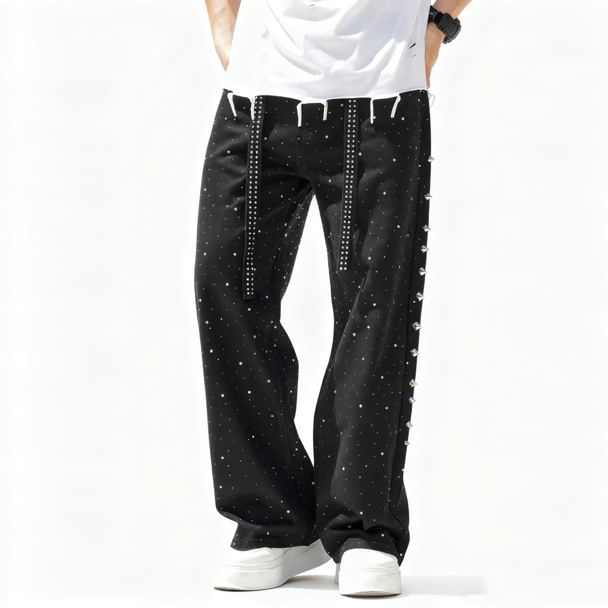 Unisex Rhinestone Star Loose Straight Jeans