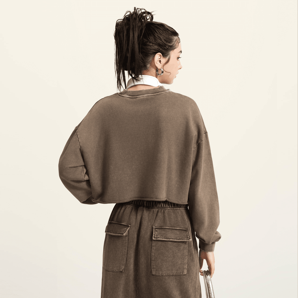 Washed Raw-Edge Cropped Crew Neck Sweatshirt