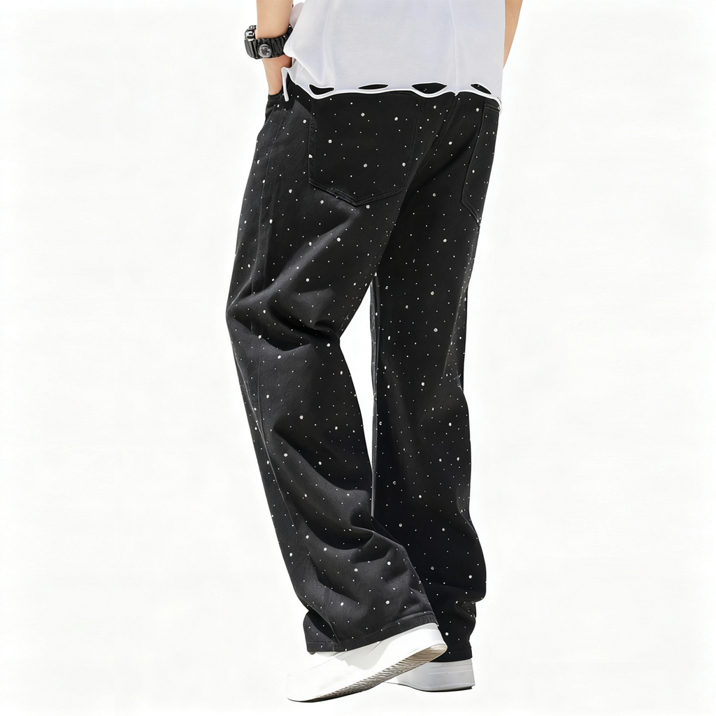 Unisex Rhinestone Star Loose Straight Jeans