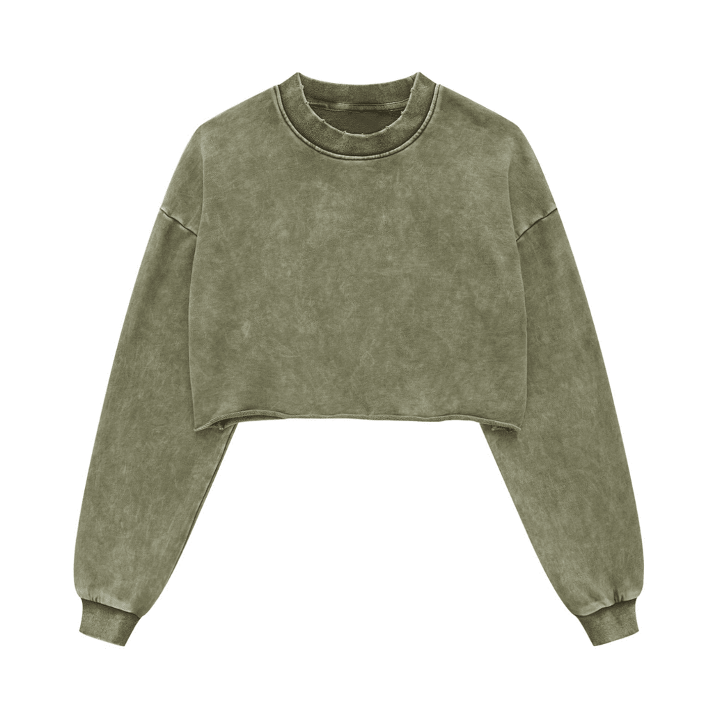 Washed Raw-Edge Cropped Crew Neck Sweatshirt