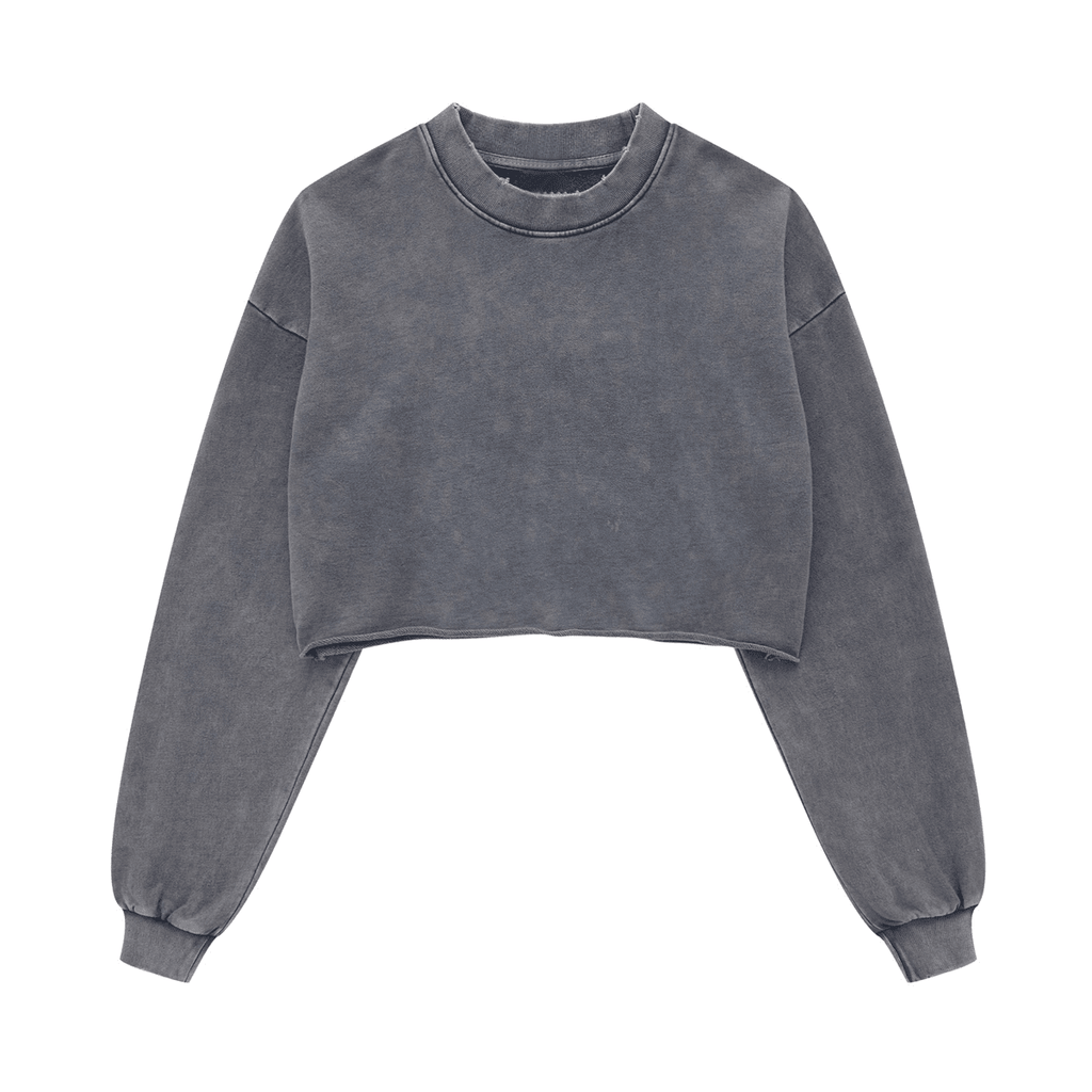 Washed Raw-Edge Cropped Crew Neck Sweatshirt